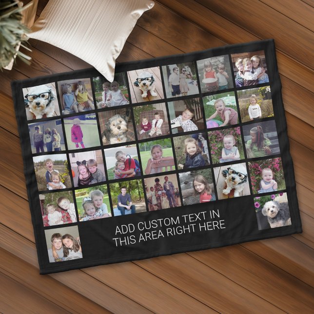 30 Photo Collage Grid - Text box - black white Fleece Blanket (Custom Fleece Blanket - Add Photos and Text)