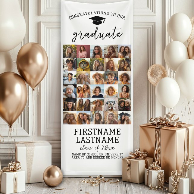 30 Photo - Graduation Modern Minimal White Banner (Custom Graduation Banner - Great for a backdrop or Grad Party Decoration)