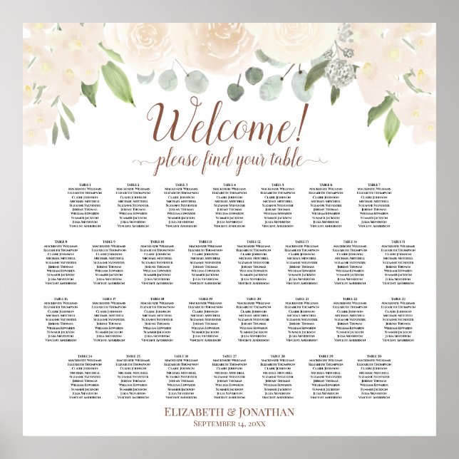 30 Table Blush Peach Roses Wedding Seating Chart (Front)
