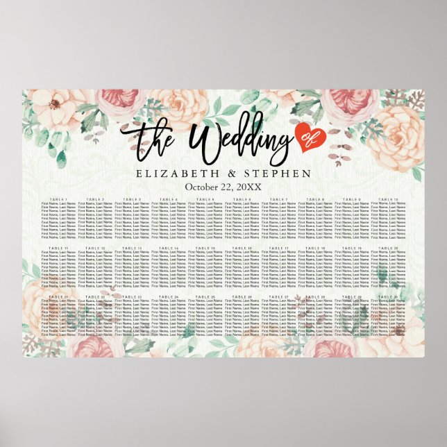 30+ Tables Watercolor Floral Wedding Seating Chart (Front)