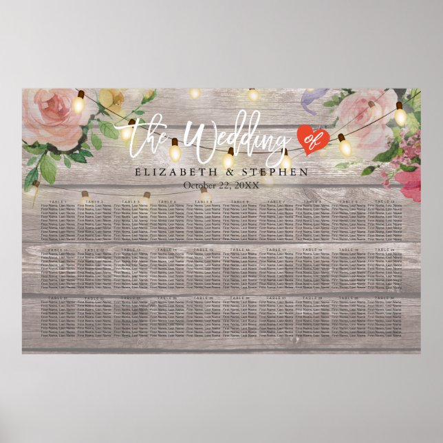 30+ Tables Wood Floral String Lights Seating Chart (Front)