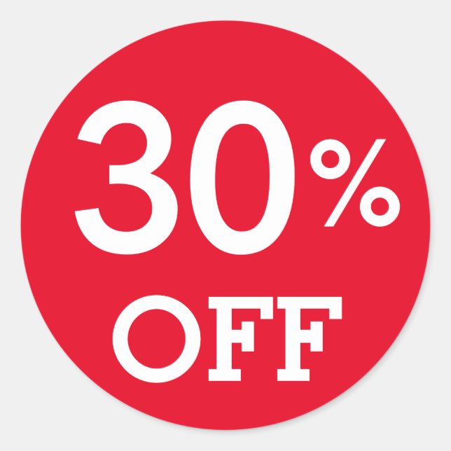 30% Thirty percent OFF discount sale white red Classic Round Sticker (Front)