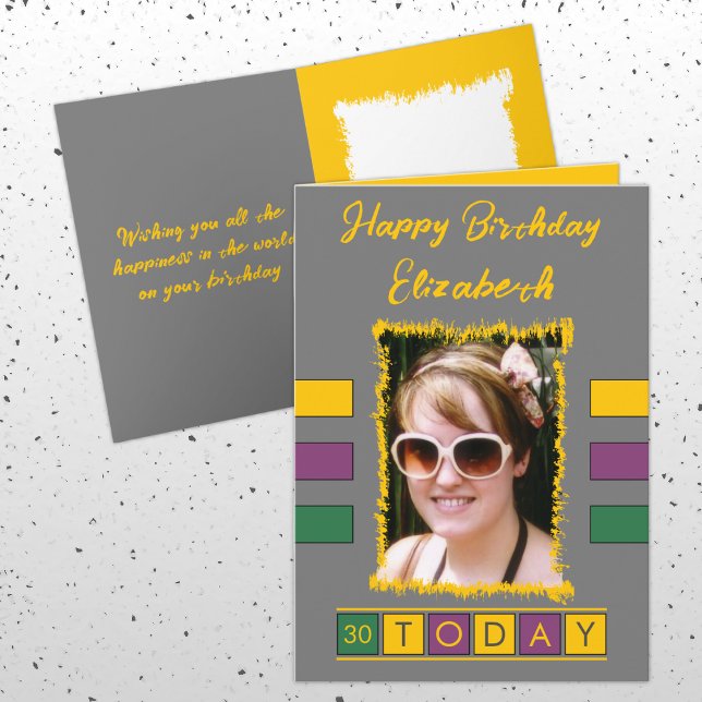 30 today add photo and name grey yellow birthday card (Creator Uploaded)