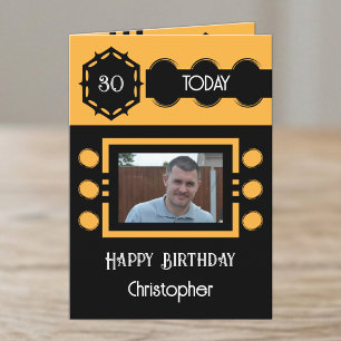 30 today add photo name black orange birthday card