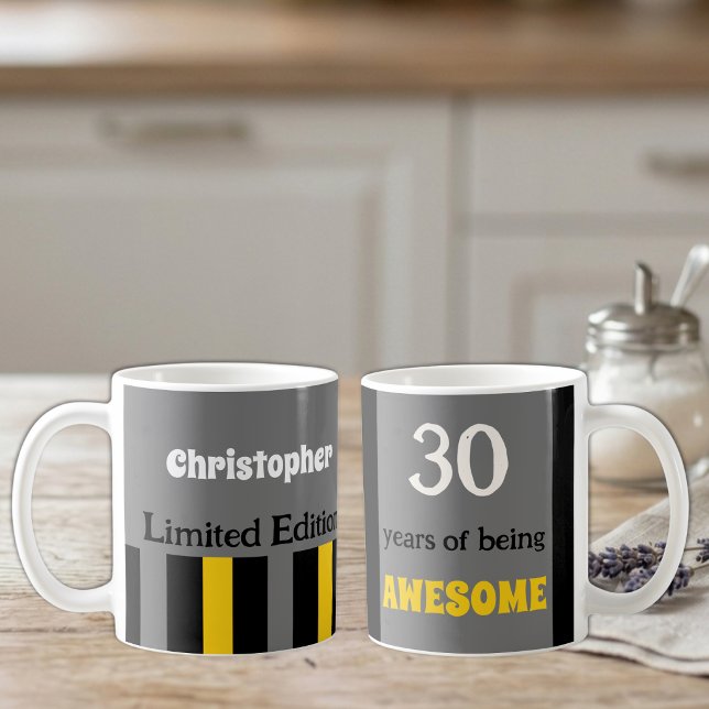 30 years of being awesome name grey yellow coffee mug (Creator Uploaded)
