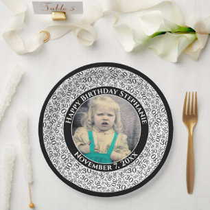 30 Your Photo Random Number Pattern Black/White Paper Plate