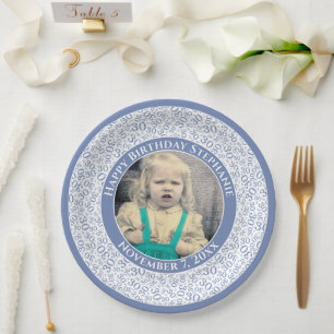 30 Your Photo Random Number Pattern Blue/White Paper Plate