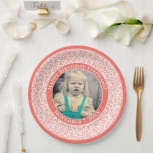30 Your Photo Random Number Pattern Coral/White Paper Plate