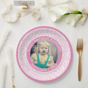 30 Your Photo Random Number Pattern Pink/White Paper Plate