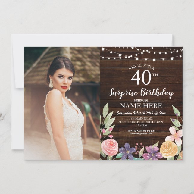 30th 50th 40th Birthday Party Wood Floral Photo Invitation (Front)