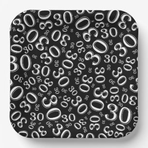 30th Age Random Number Pattern White/Black Paper Plate