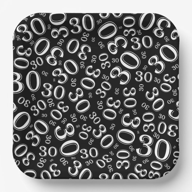 30th Age Random Number Pattern White/Black Paper Plate (Front)