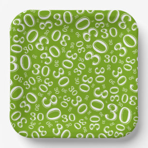 30th Age Random Number Pattern White/Green  Paper Plate