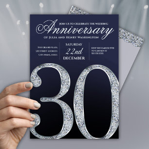 30th Anniversary Diamond Silver Navy Blue Invitation