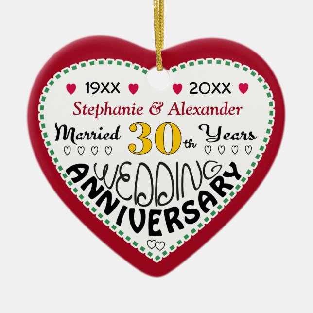 30th Anniversary gift heart shaped Christmas Ceramic Tree Decoration (Front)