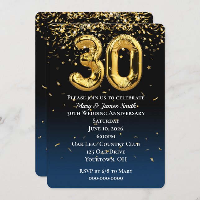 30th Anniversary Gold Balloons Confetti Invitation (Front/Back)