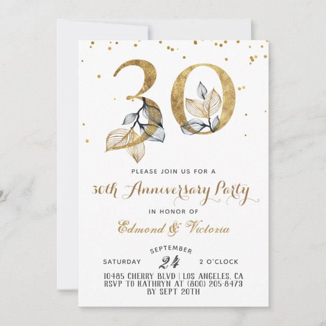 30th Anniversary Gold Floral Invitation (Front)