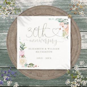30th Anniversary Heart Script Roses Floral Napkin