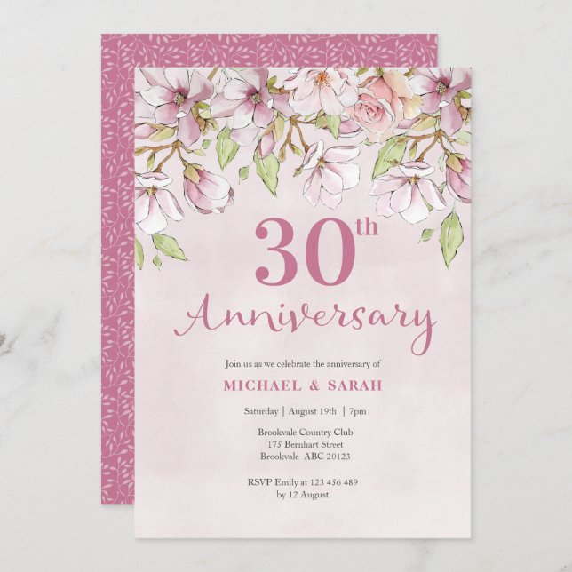 30th Anniversary Invitation Pink Floral (Front/Back)