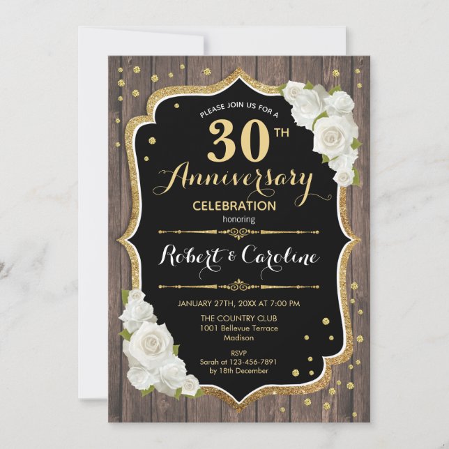 30th Anniversary Invitation - Rustic Wood Gold (Front)