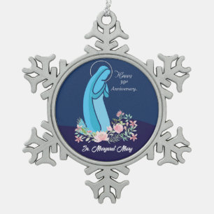 30th Anniversary of Religious Life Nun Pink Flower Snowflake Pewter Christmas Ornament