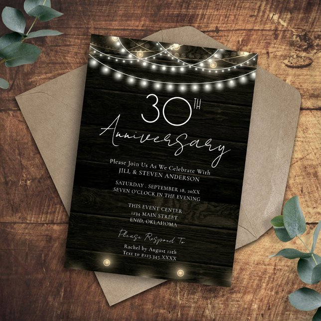 30th Anniversary Party Rustic Wood Lights Invitation (Creator Uploaded)