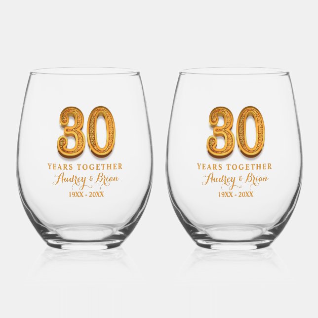 30th Anniversary Personalised Stemless Wine Glass (Front)