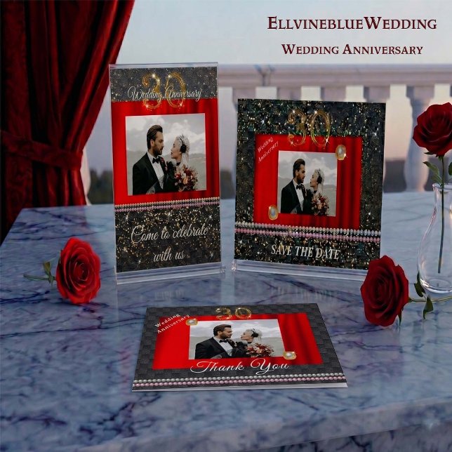 30th Anniversary Save the Date | Pearl & Red Silk Invitation (Creator Uploaded)