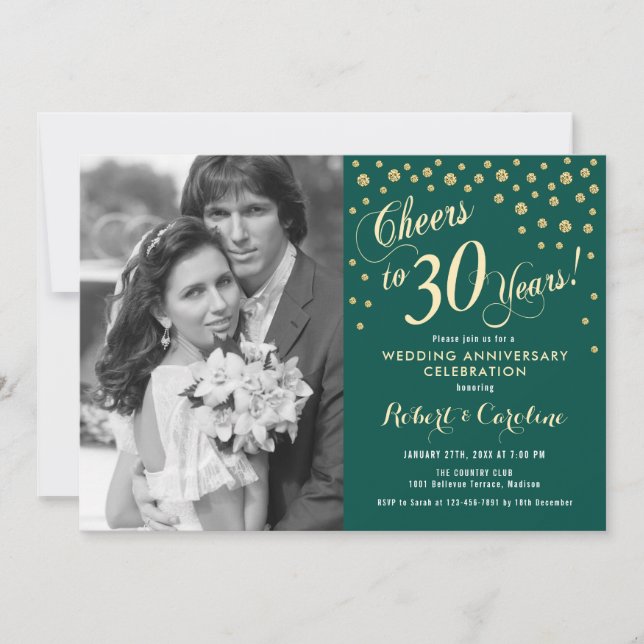 30th Anniversary with Photo - Gold Emerald Green Invitation (Front)