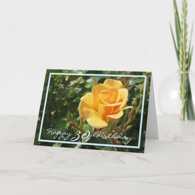 30th Bday Emily Yellow Rose Elegant Blue Frame Card (Front)