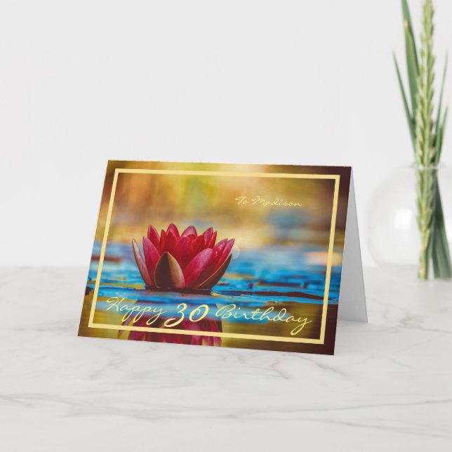 30th Bday Madison Red Waterlily Elegant Gold Frame Card (Front)