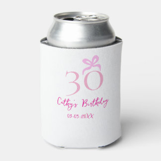30TH BIIRTHDAY pink bow PASTEL HANDDRAWN RETRO  Can Cooler