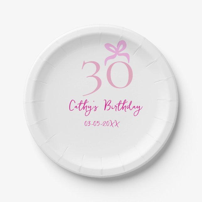 30TH BIIRTHDAY pink bow PASTEL HANDDRAWN RETRO  Paper Plate (Front)
