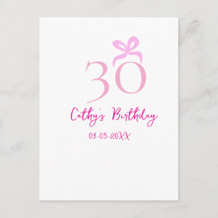 30TH BIIRTHDAY pink bow PASTEL HANDDRAWN RETRO  Postcard