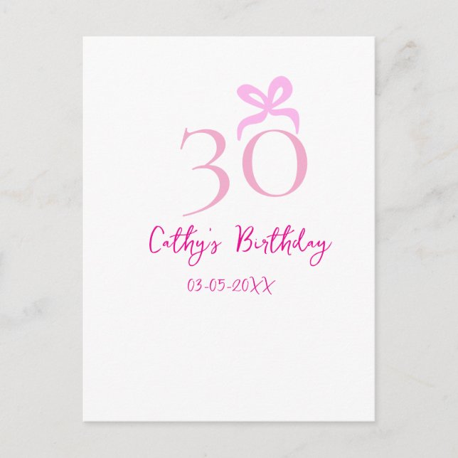 30TH BIIRTHDAY pink bow PASTEL HANDDRAWN RETRO  Postcard (Front)