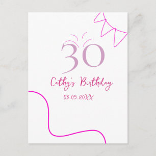 30TH BIIRTHDAY PINK PURPLE PASTEL HANDDRAWN RETRO POSTCARD