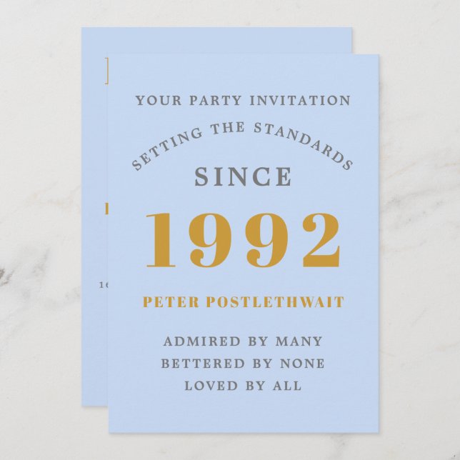 30th Birthday 1992 Blue Gold Elegant Chic Invitation (Front/Back)