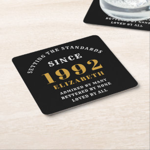 30th Birthday 1992 Elegant Black Gold Chic Square Paper Coaster