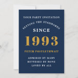 30th Birthday 1993 Blue Gold Add Name Year Invitation<br><div class="desc">For those celebrating their birthday we have the ideal birthday party invitation card. The elegant background with a gold design is simple and chic. Easily customise the text to the front and the rear of this birthday invitation card using the template provided. Part of the setting standards range of cards,...</div>