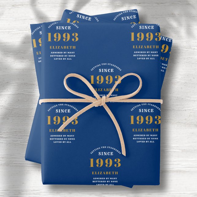 30th Birthday 1993 Blue Gold Chic Elegant Wrapping Paper Sheet (Creator Uploaded)