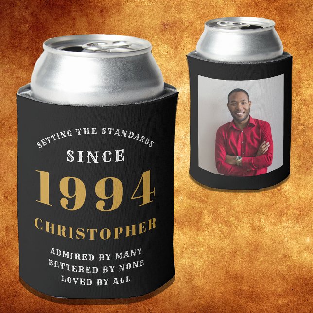 30th Birthday 1994 Black Gold Photo Template Can Cooler (Personalized 30th birthday party can coolers in black and gold with photo template, year and name.)