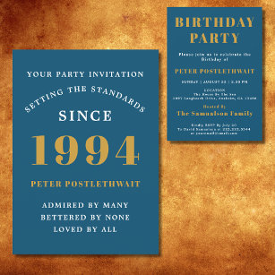 30th Birthday 1994 Blue Gold Elegant Chic Invitation