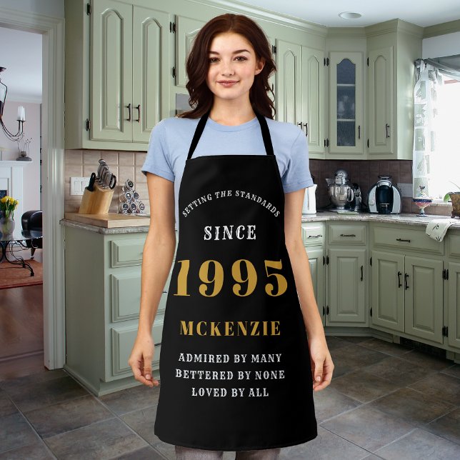 30th Birthday 1995 Name Chic Elegant Black Gold Apron (Personalized 30th birthday black and gold apron)