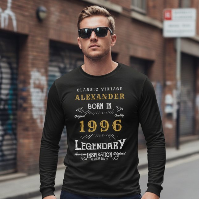 30th Birthday 1996 Add Name Black Gold Legendary T-Shirt (Born 1996 legend t-shirt. Urban background out of focus.)