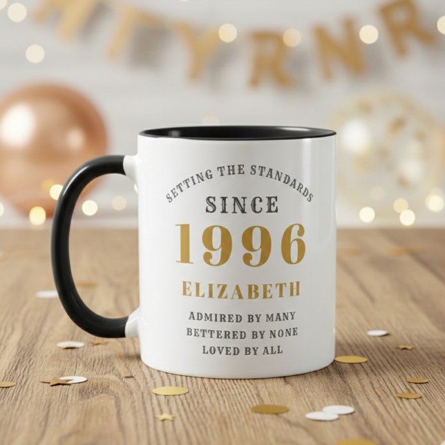 30th Birthday 1996 Add Name Elegant Mug (Born 1996 birthday gift mug. Wood table out of focus background.)