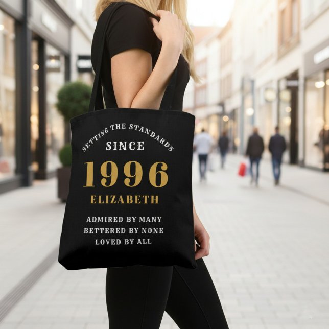 30th Birthday 1996 Black Gold For Her Personalized Tote Bag (Born 1996 birthday tote bag. Background out of focus.)