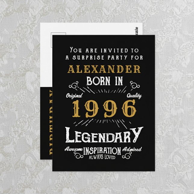 30th Birthday 1996 Black Gold Legend Invitation Postcard (1996 birthday invitation  postcard. Background white lace.)