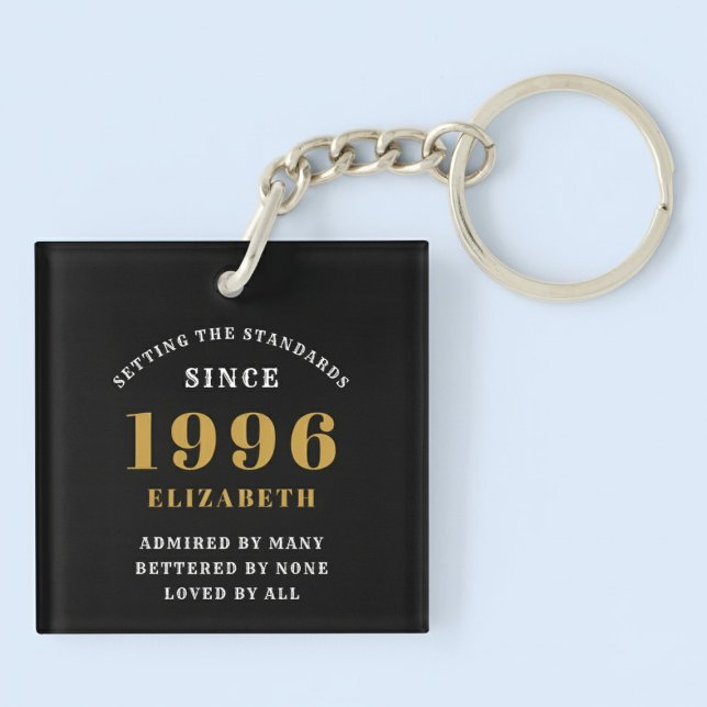30th Birthday 1996 Black Gold Personalized Key Ring (Born 1996 birthday keychain. Pastel background.)