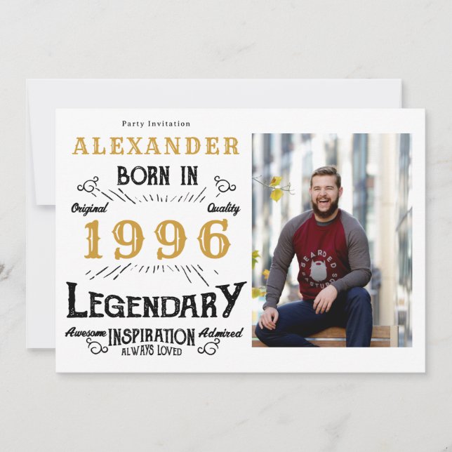 30th Birthday 1996 Legend White & Gold Photo Invitation (Front)