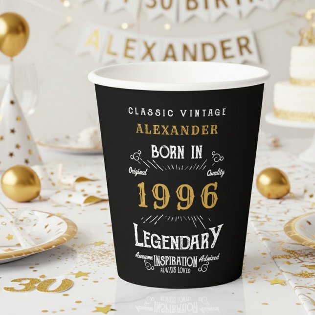 30th Birthday 1996 Legendary Retro Paper Cups (1996 birthday black paper cup on a white and gold background)